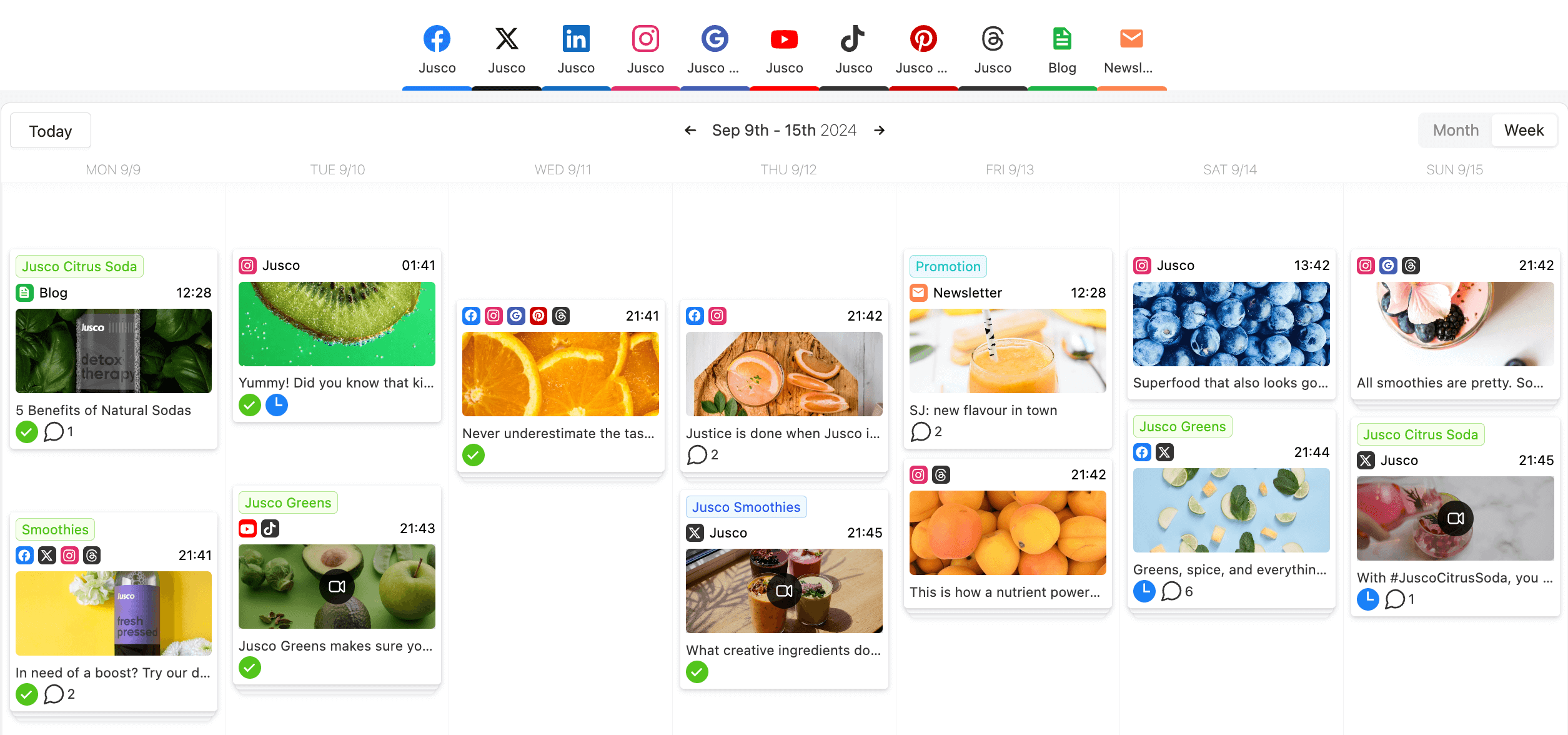 Planable content calendar showing scheduled posts for different social media platforms.