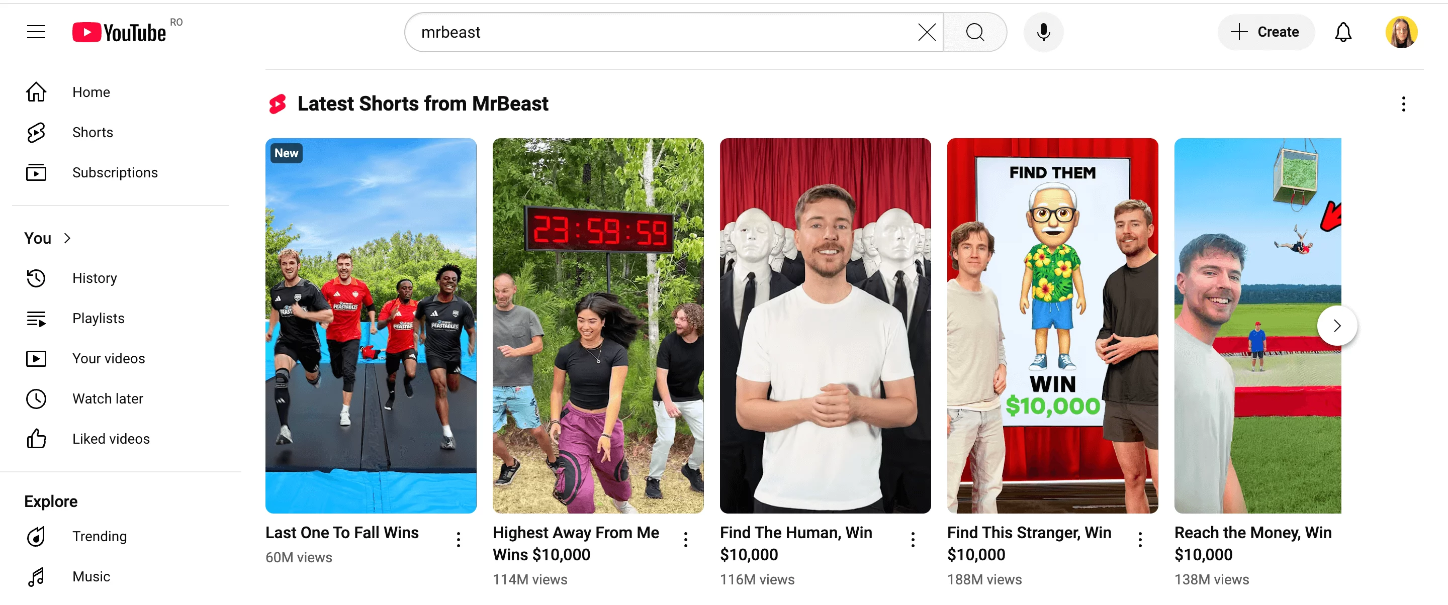YouTube Shorts page featuring thumbnails for MrBeast's latest short videos.