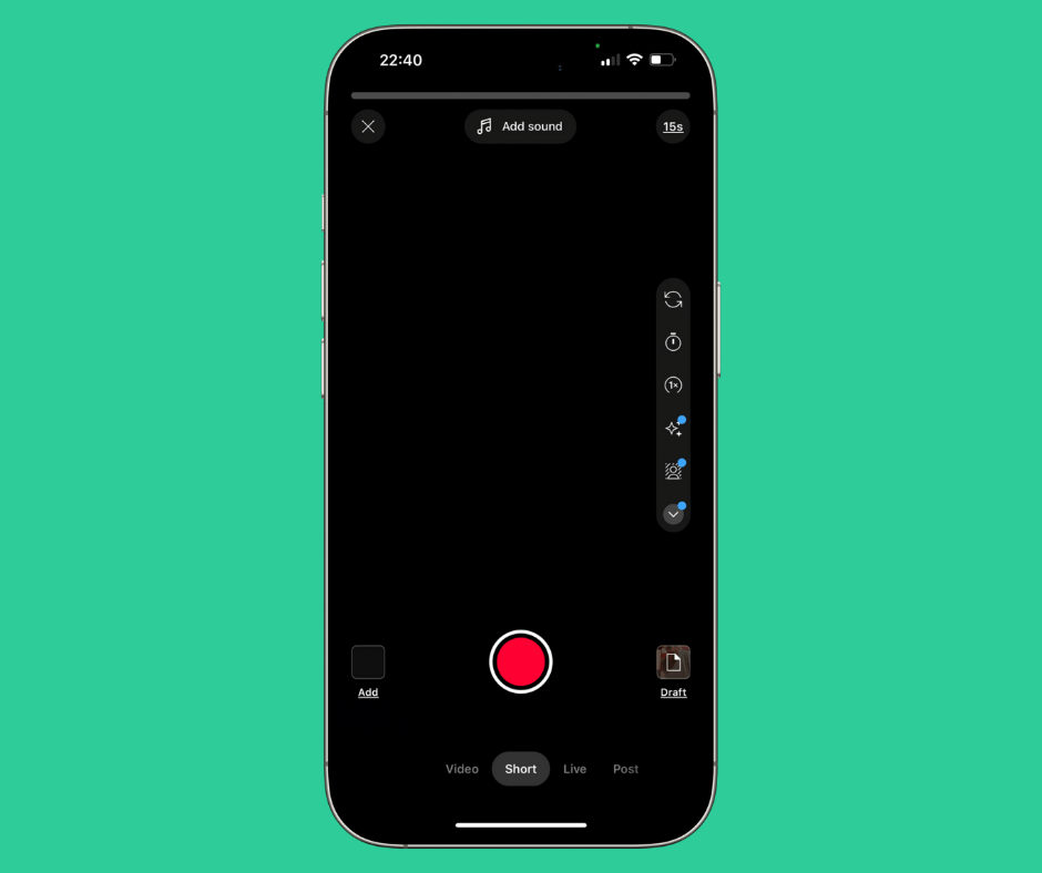 Mobile recording screen for creating a YouTube Short, with a red record button on black background.