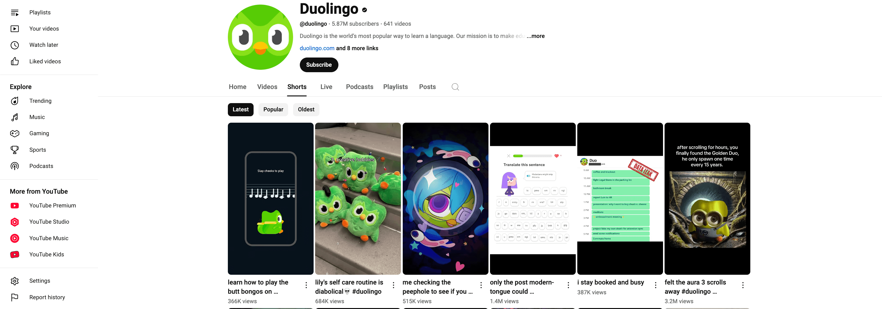 Duolingo's YouTube Shorts page showing latest uploads with colorful thumbnails and Duo mascot.
