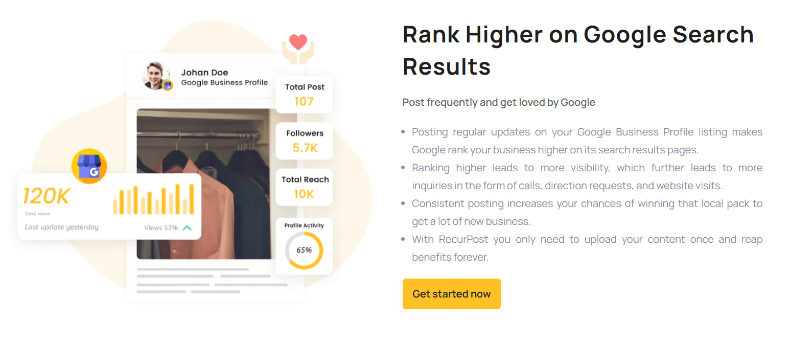 Google Business Profile card showing views, followers, post count, and profile activity.