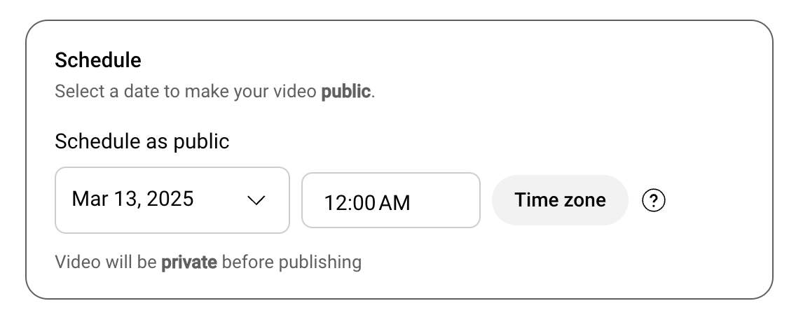 YouTube Studio scheduling screen setting Shorts to publish publicly on a selected future date.