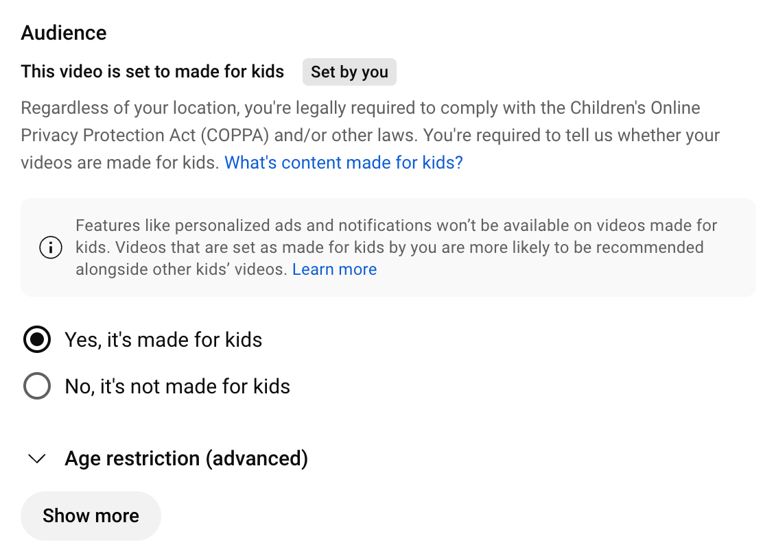YouTube Shorts audience settings asking if the video is made for kids, with compliance information.