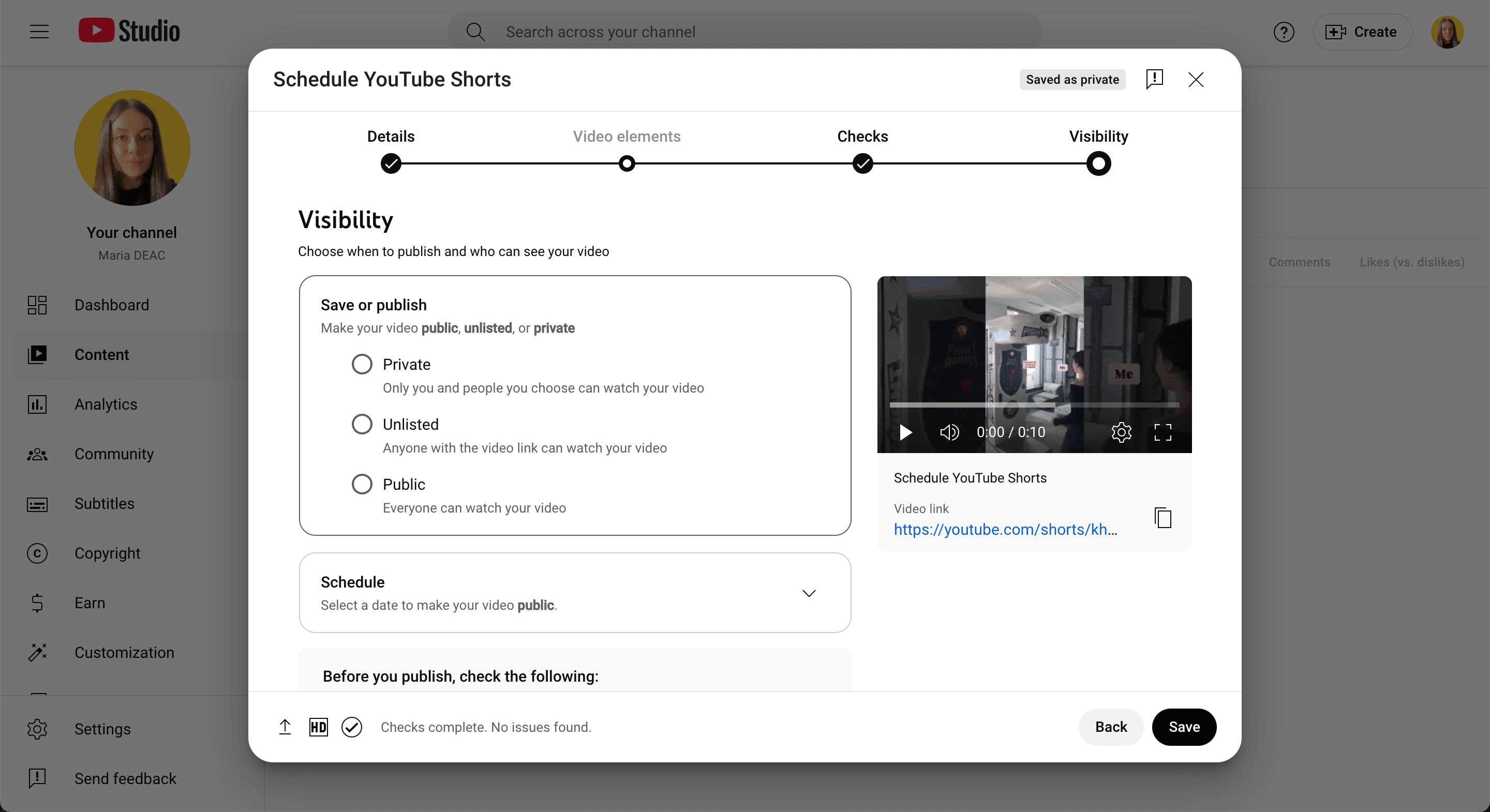 YouTube Studio screen for setting Short video visibility as Private, Unlisted, or Public and scheduling.