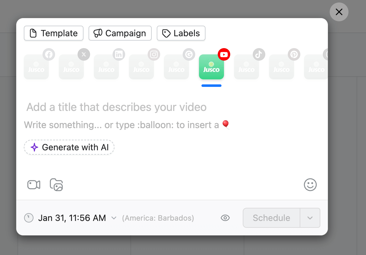 Planable platform draft window for adding a title and scheduling a YouTube Short video post.