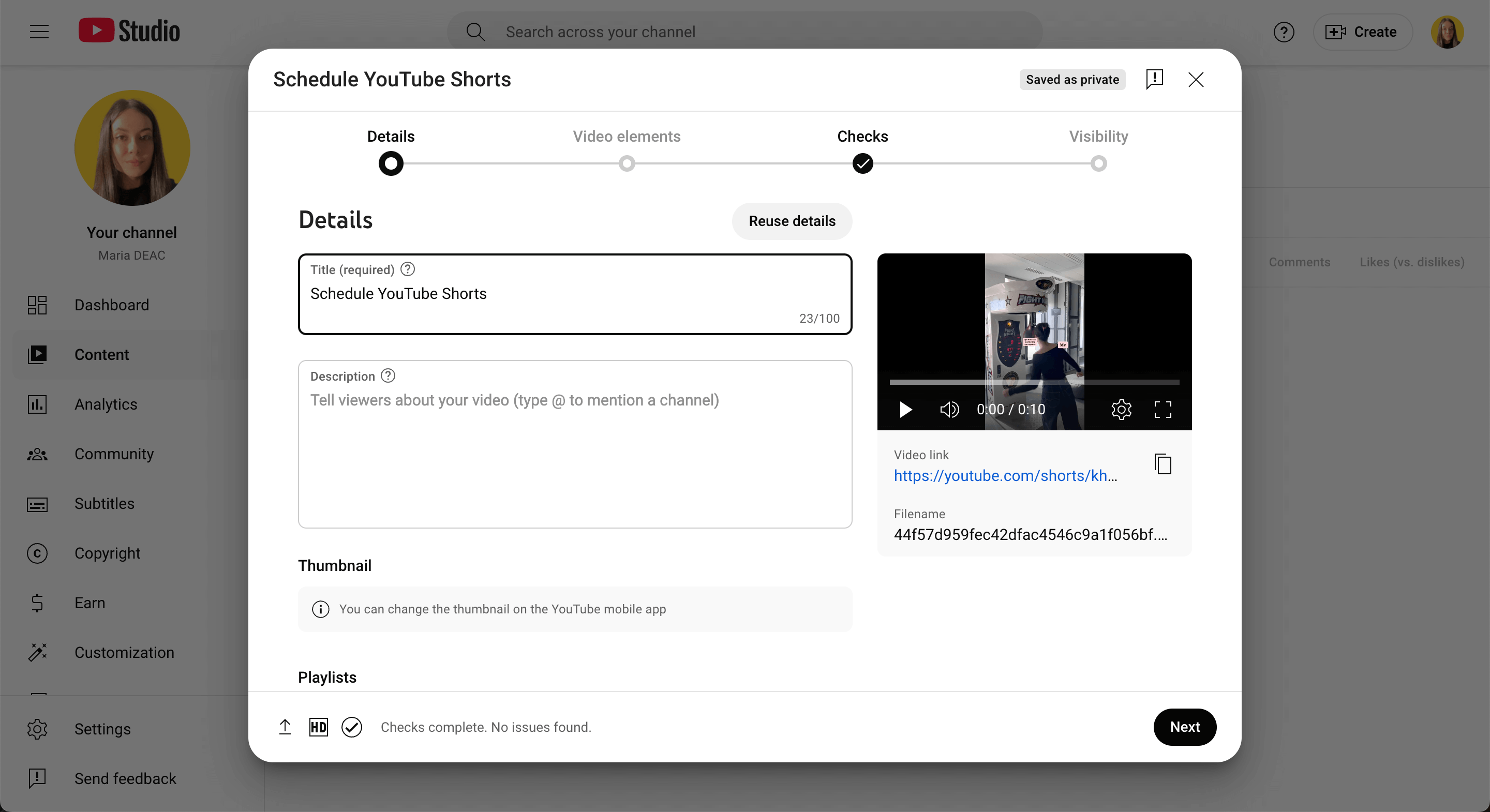 YouTube Studio upload screen showing fields for title, description, and video thumbnail for Shorts.