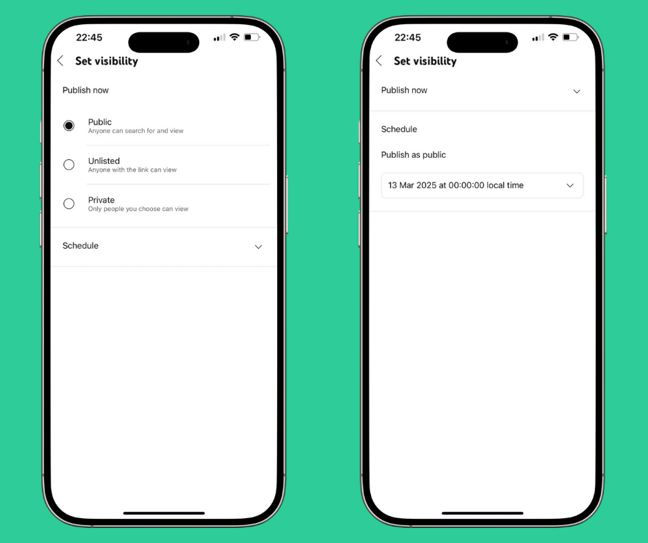 Mobile side-by-side screens setting visibility and scheduled publish time for YouTube Short videos.