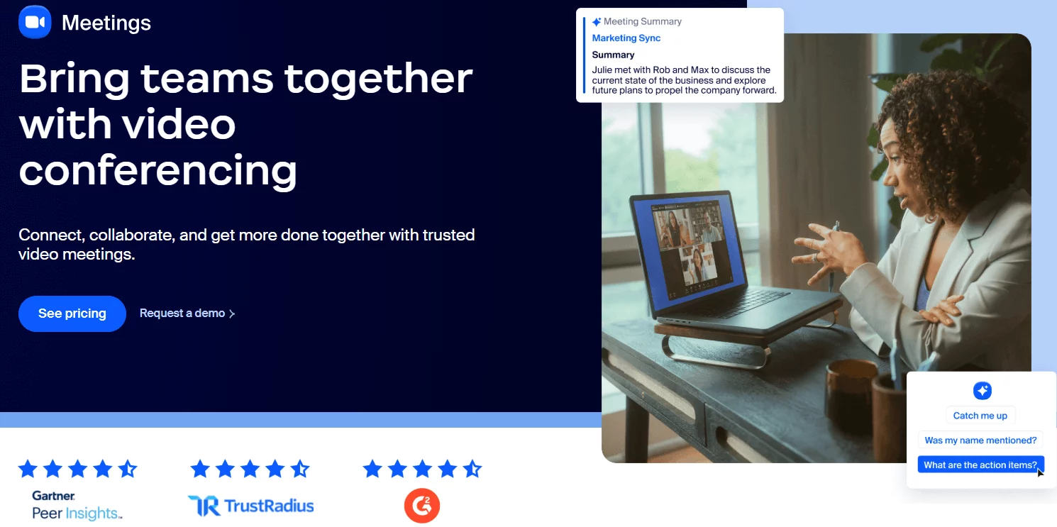 Zoom landing page showcasing video calls and AI tools like meeting summaries and smart catch-up questions.