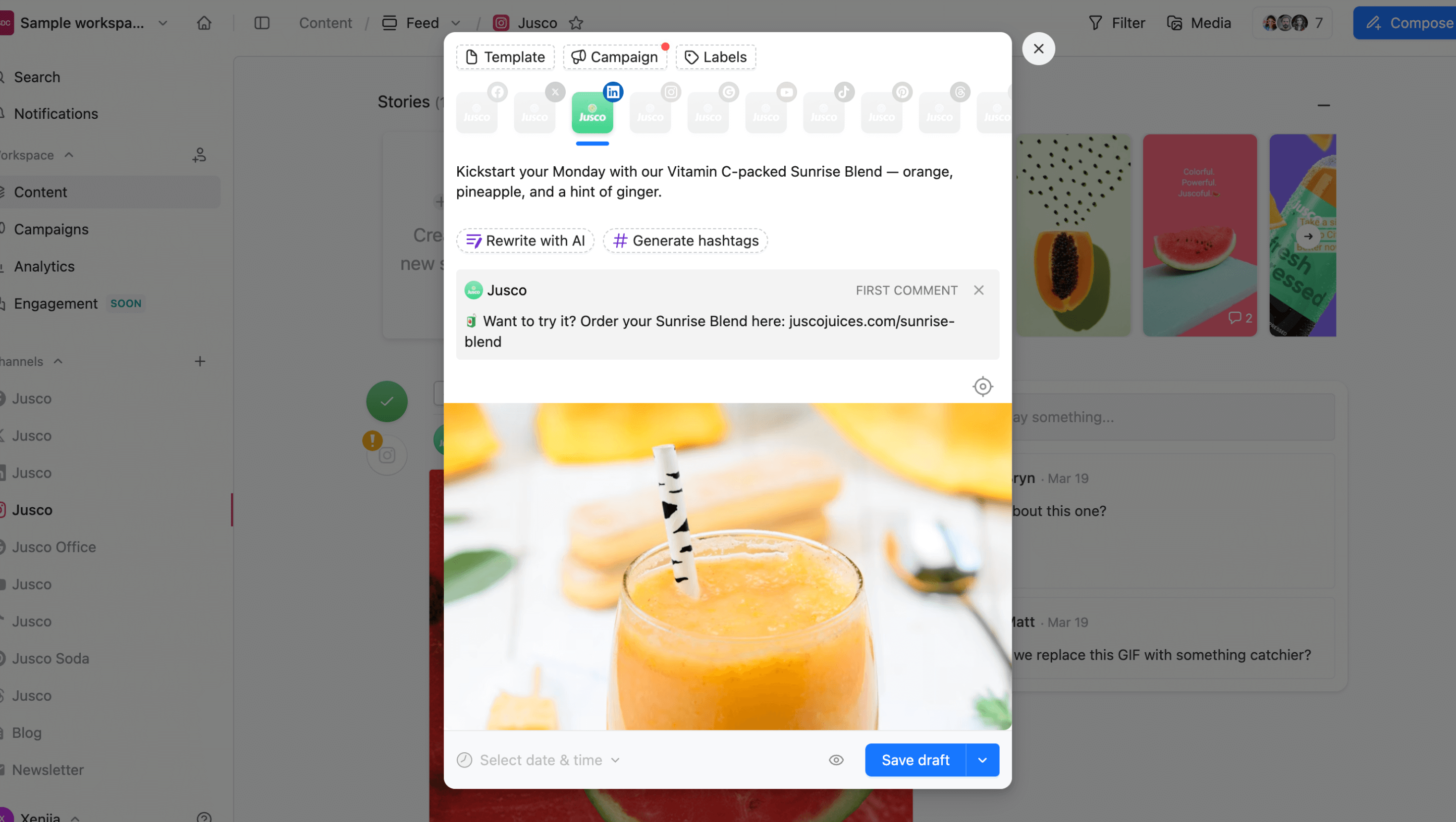 Adding a first comment with a product link to a LinkedIn post draft in Planable.