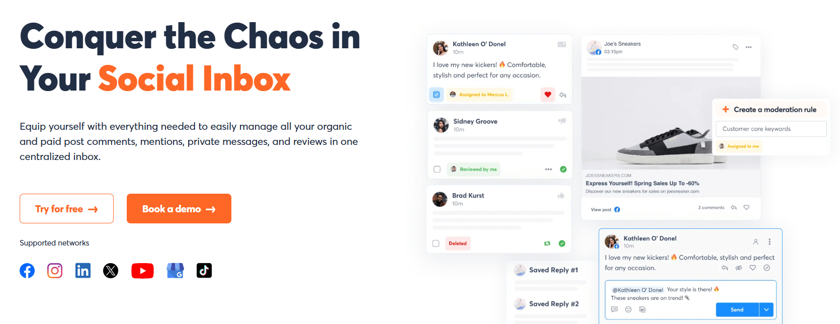 Social inbox interface with message threads, replies, and assignments for managing social engagement.