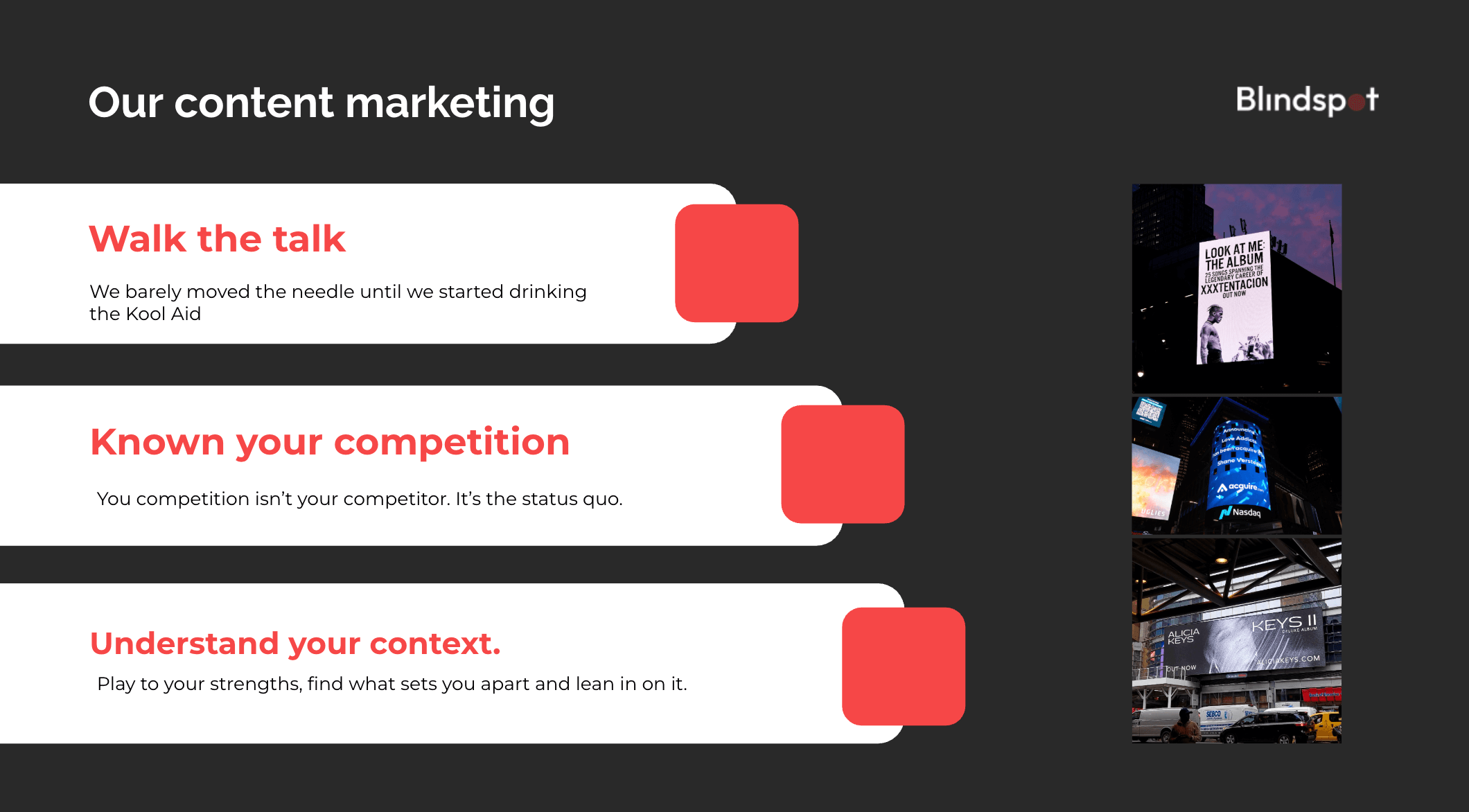 Key principles for content and video marketing strategy with billboard visuals and Blindspot branding