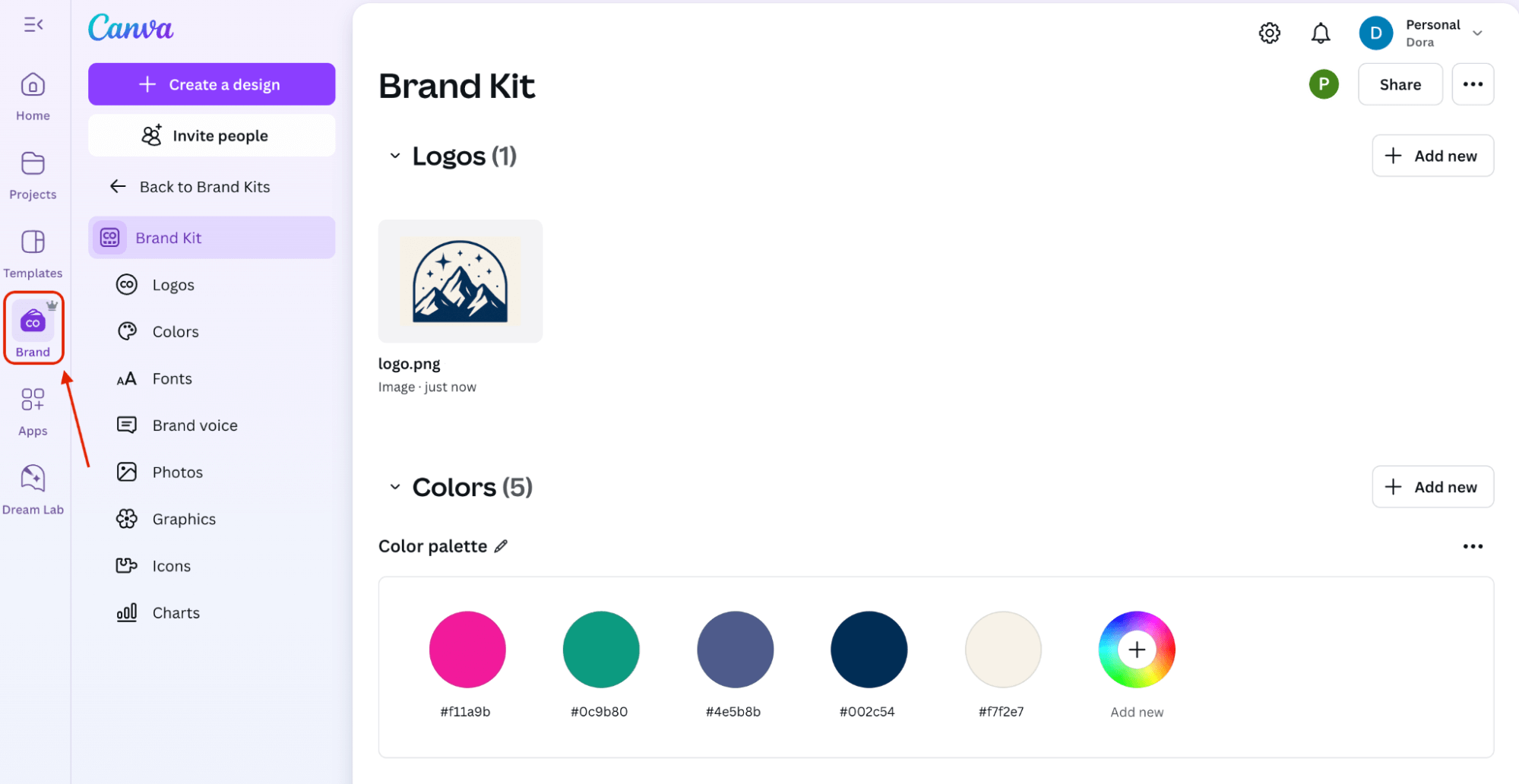 Screenshot of Canva's Brand Kit panel showing logo uploads, color palette selection, and font customization options