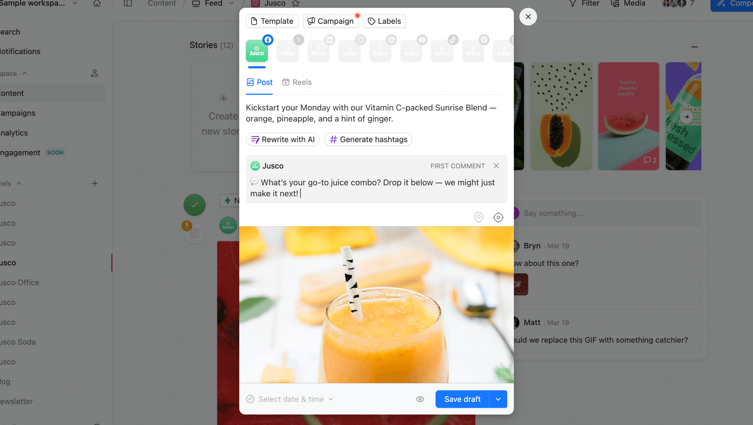 Clicking the comment icon in Planable to open the first comment field for Instagram.
