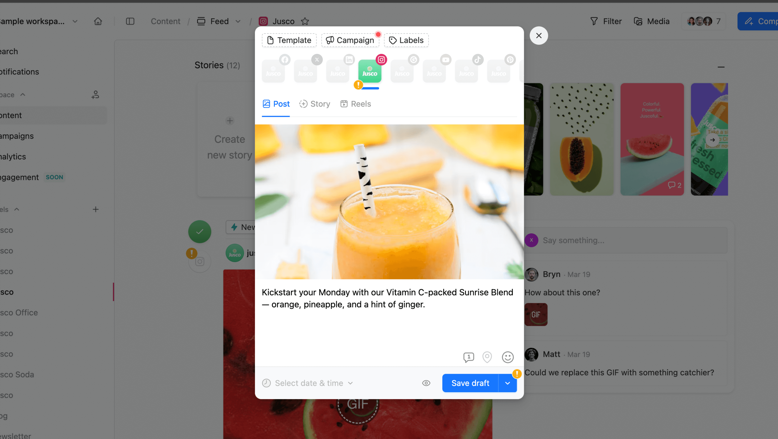 Creating an Instagram post in Planable with caption, image, and post type options.