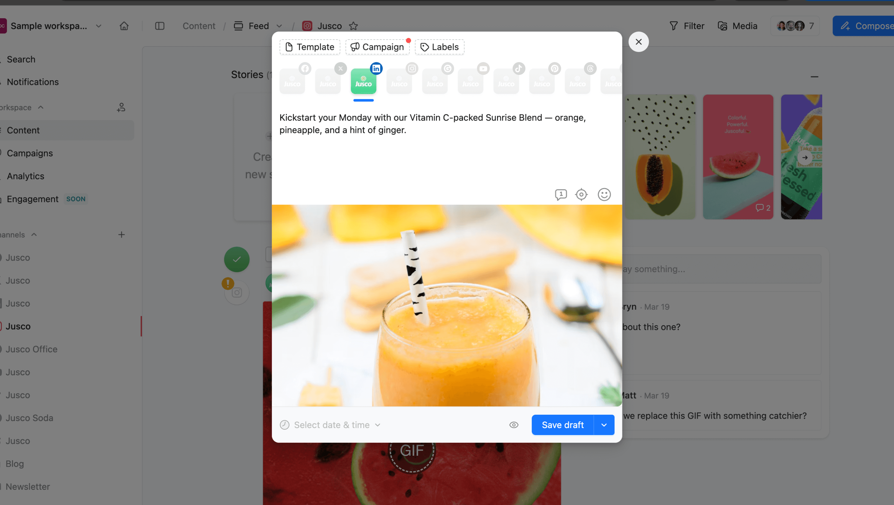 Creating a LinkedIn post in Planable with caption and post type selection shown.