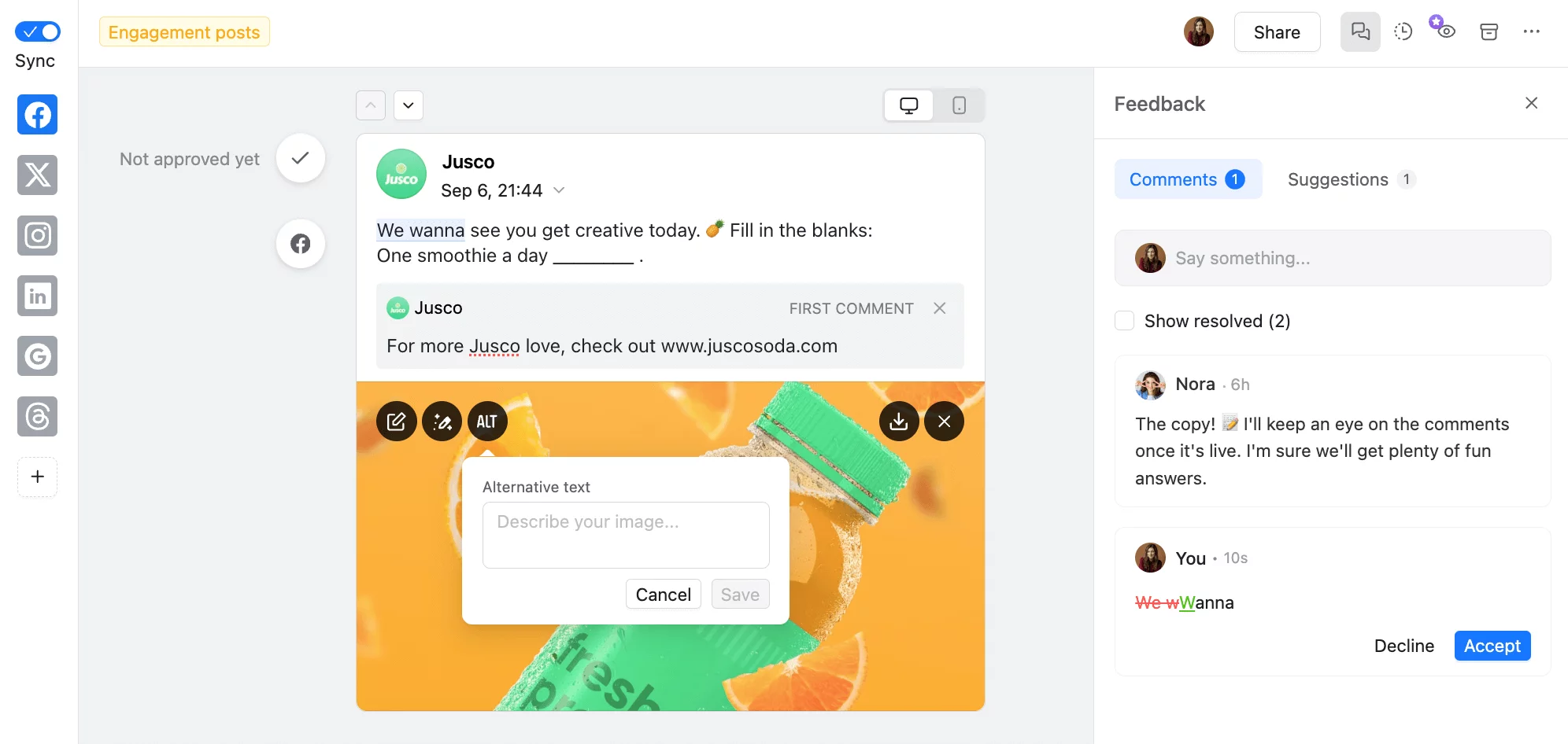 Team collaboration happening right next to social media post in Planable