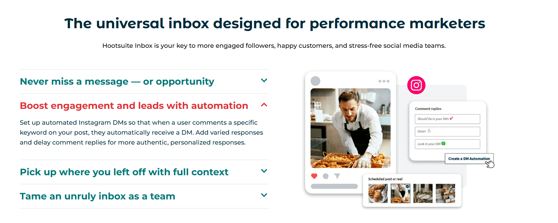 Social inbox automation setup showing IG replies and bakery image to boost engagement via DMs.