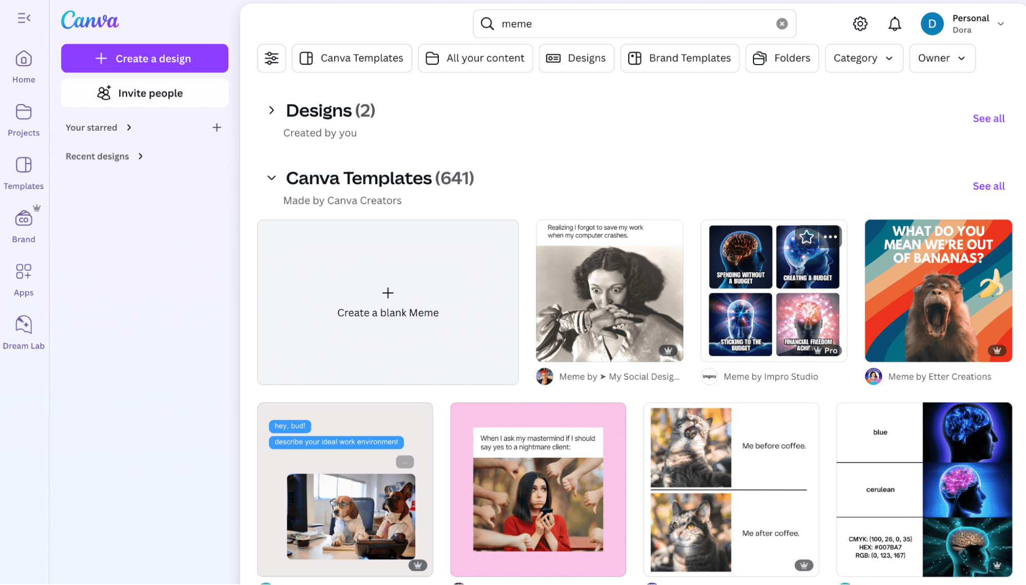 Canva search results for 'meme' showing various trending meme templates ready for customization
