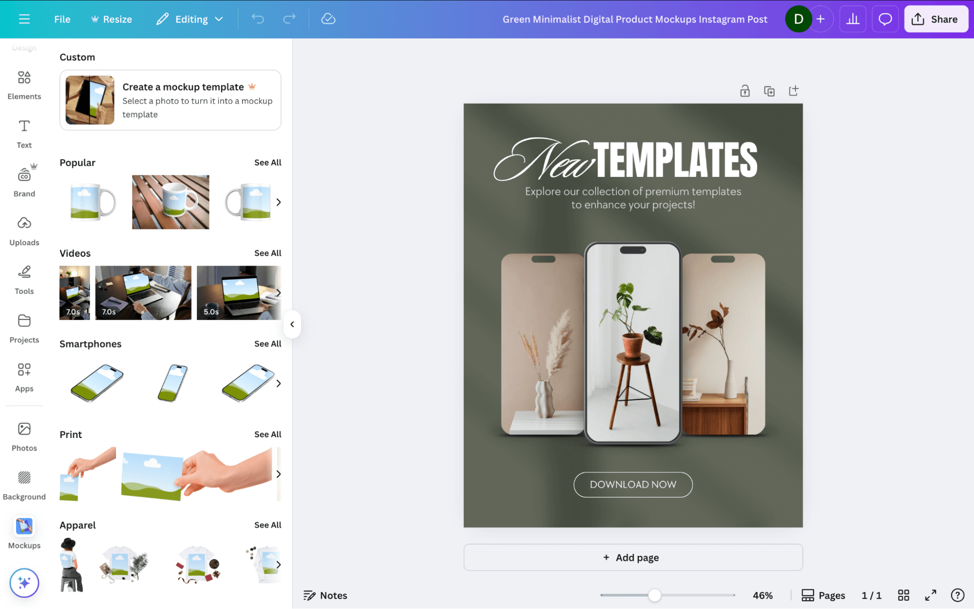 Canva's Mockups App showing products displayed on coffee mugs, t-shirts, books, and mobile screens