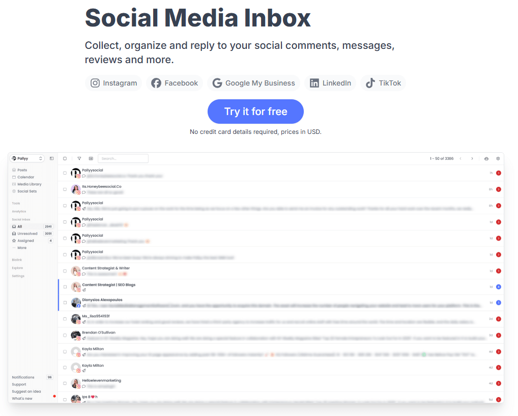 Social inbox dashboard showing messages, assigned comments, and tools for reply in Pallyy.