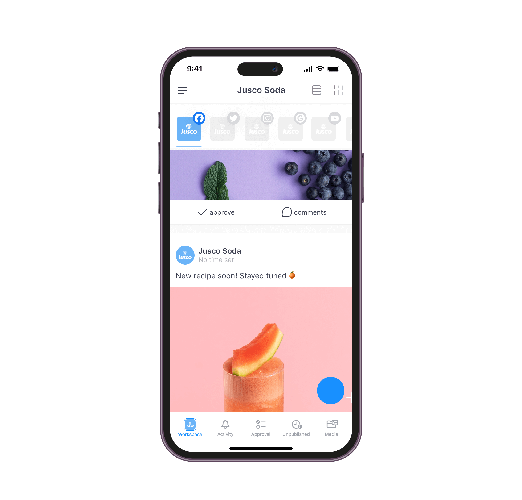 Mobile view in Planable showing post preview and comment actions for approval.