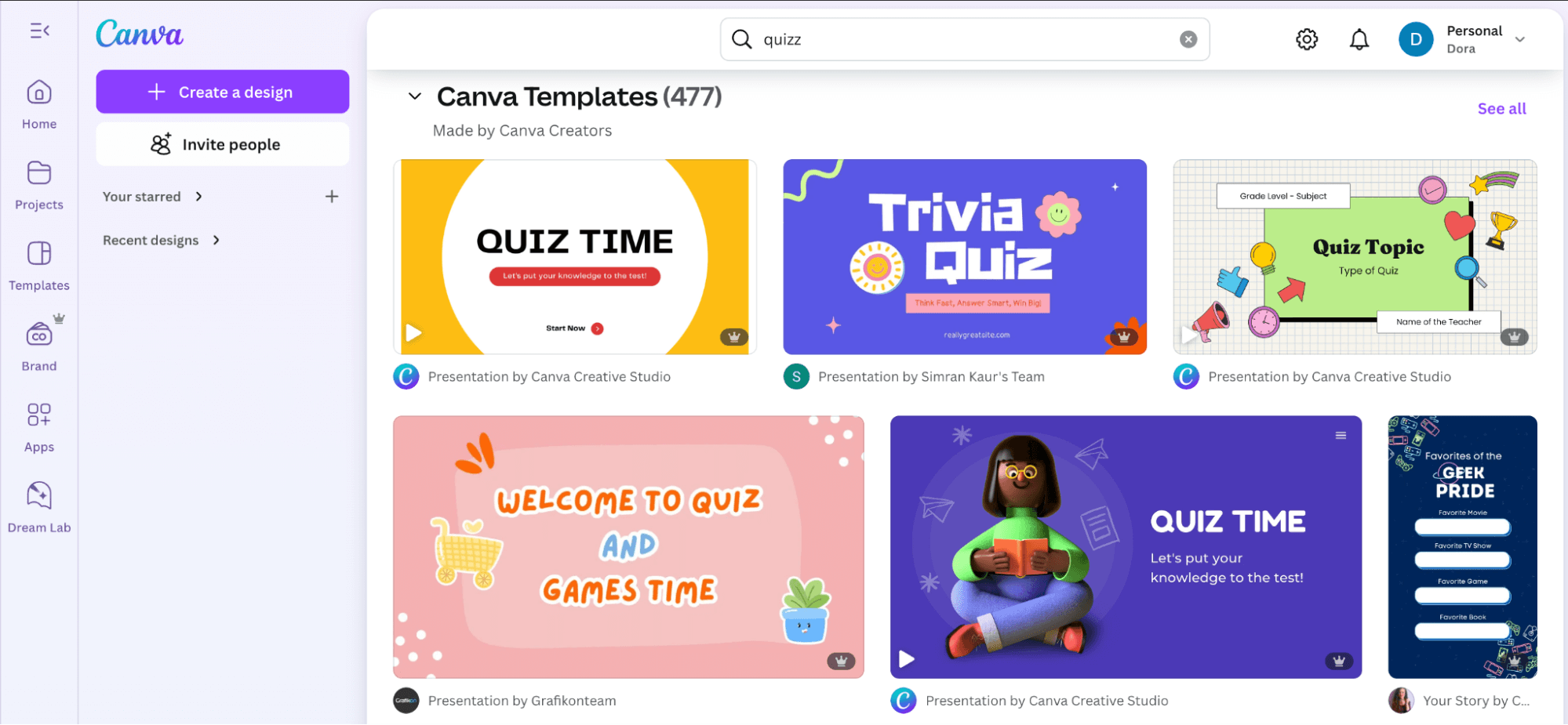 Examples of quiz templates in Canva, ready for social media stories and carousels