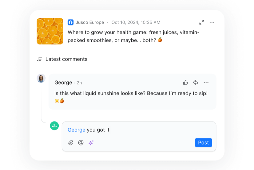 Comment section in Planable showing a user reply to an engagement post.