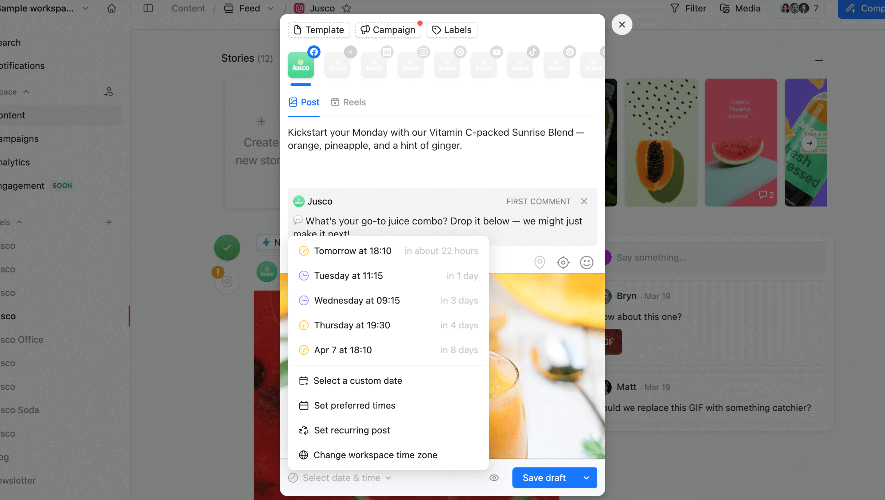 Scheduling a Facebook post in Planable with calendar and time selection menu open.