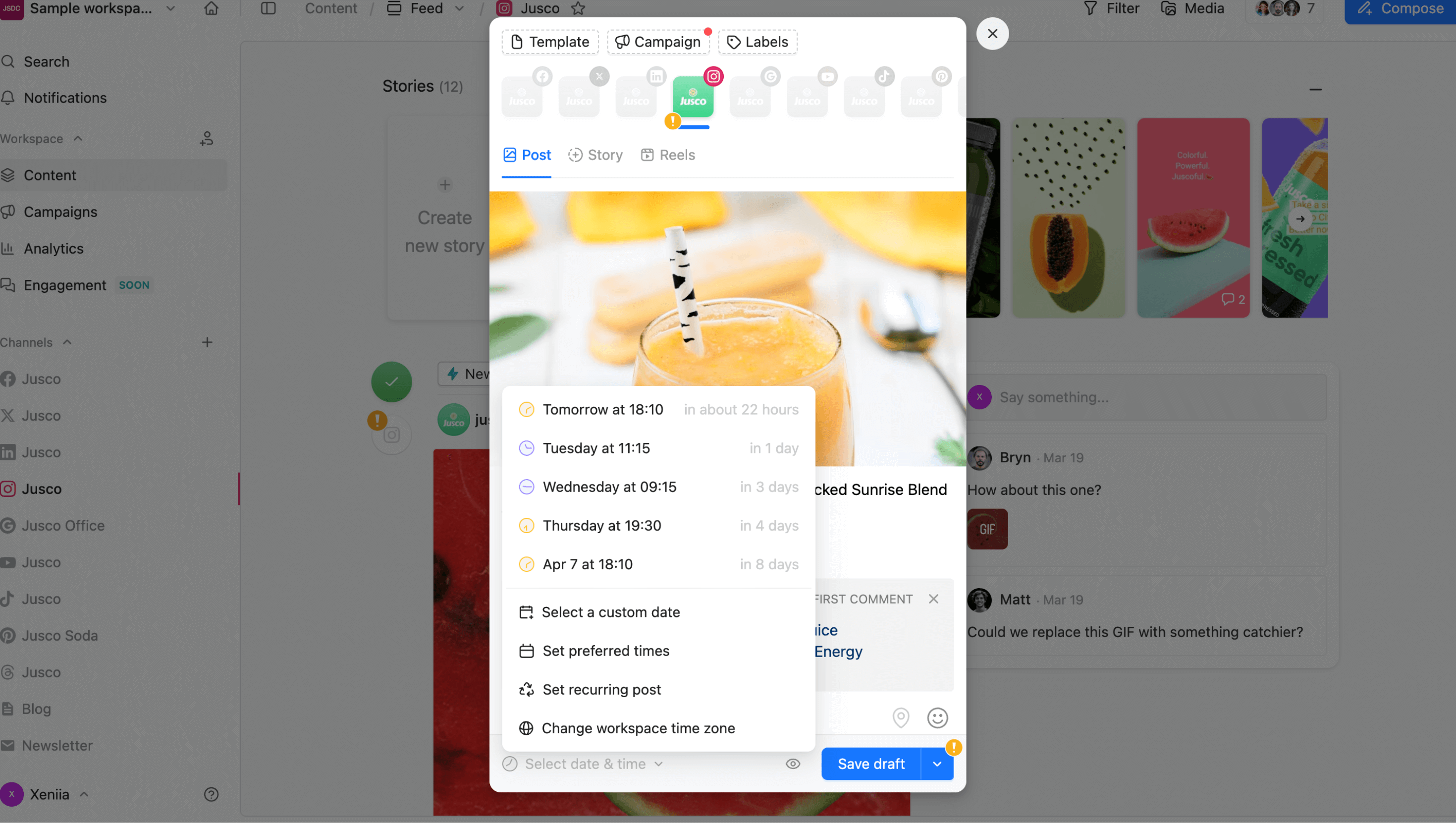 Scheduling an Instagram post in Planable with date and time selector displayed.