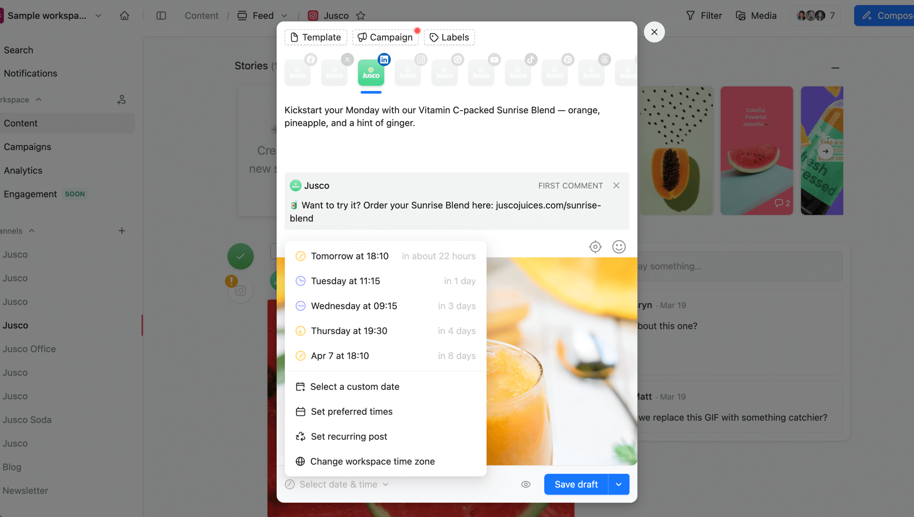 Scheduling a LinkedIn post and its first comment in Planable with full calendar menu visible.