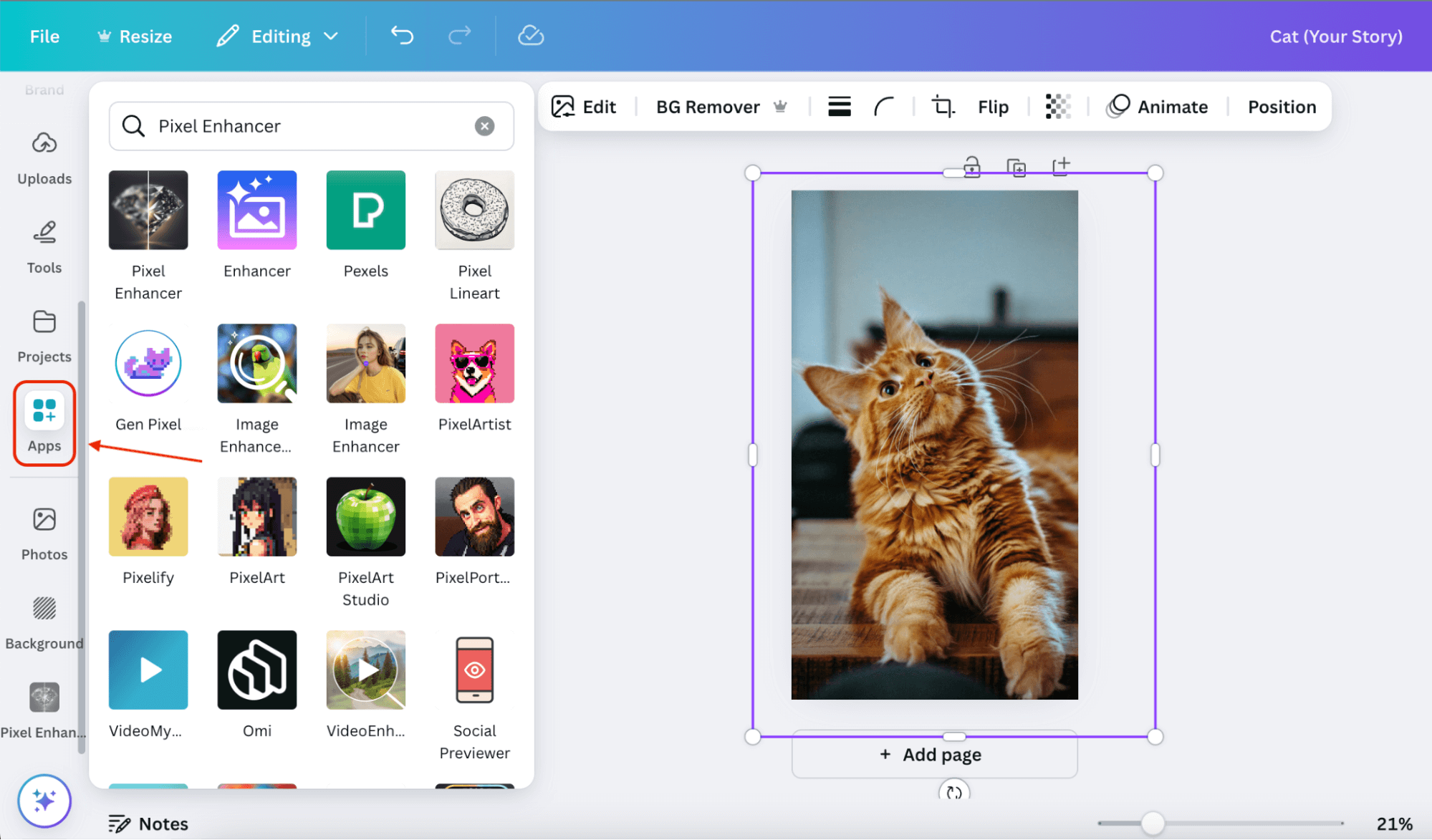 Searching for Apps on Canva, example: Pixel Enhancer 