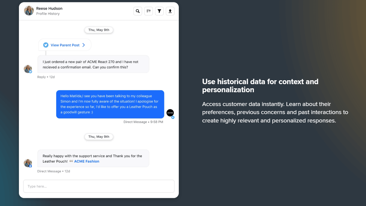 Social inbox message thread showing personalized customer reply based on historical interaction data.