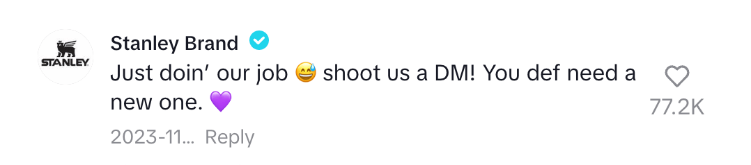 Stanley Brand comment offering to send a new item in response to a user’s message, with purple heart emoji.
