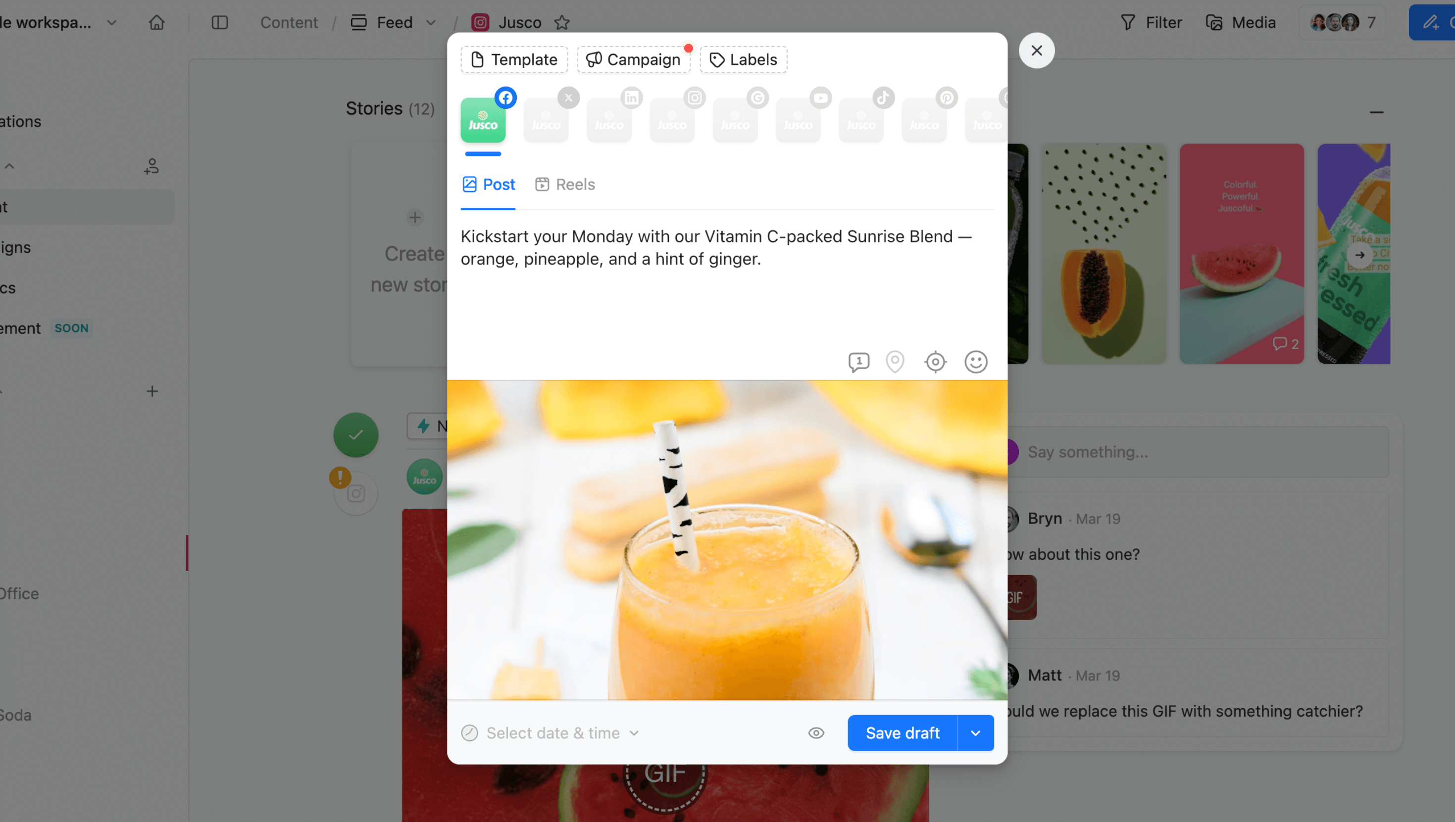 Starting a Facebook post draft in Planable with caption and image editor visible.