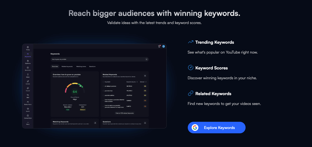 vidIQ keyword tools interface displaying search volume, competition, and related keyword suggestions for YouTube SEO.