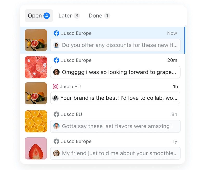 Social inbox panel in Planable displaying incoming brand mentions and post comments across time.
