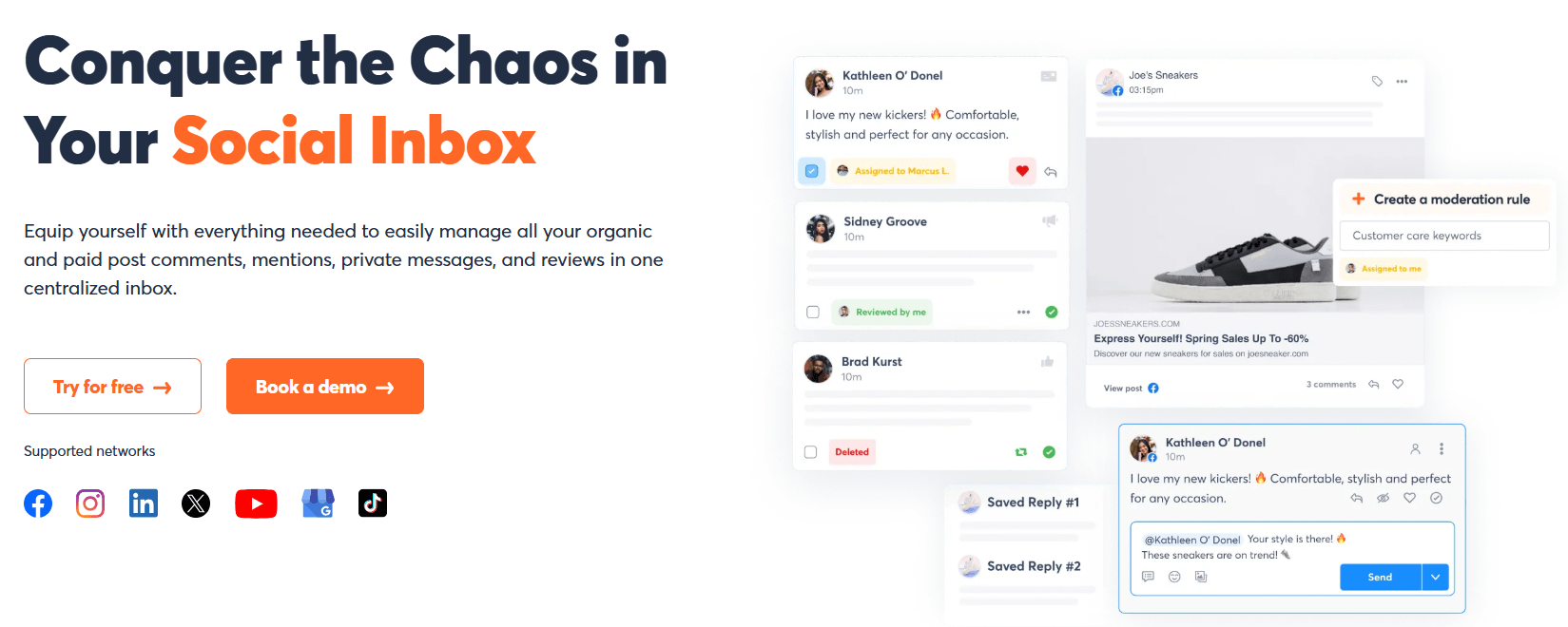 Agorapulse inbox showing social engagement via replies, comments, and moderation tools.