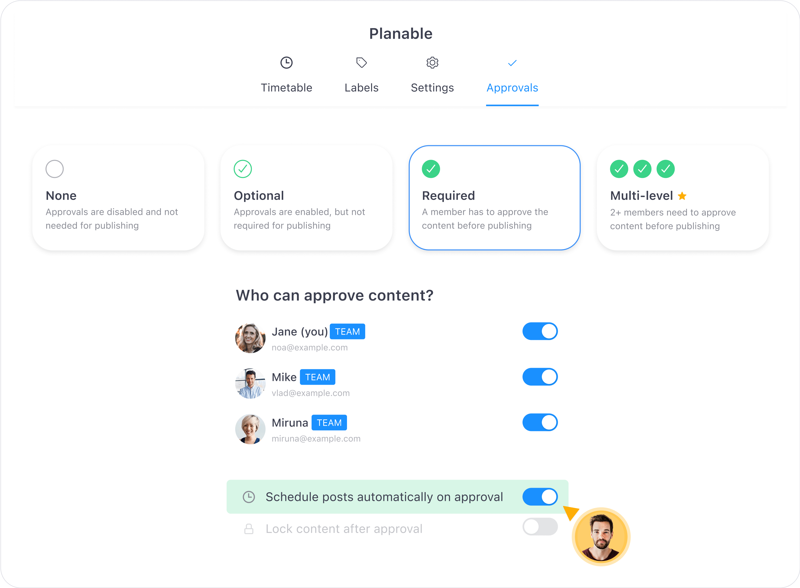  Content approval settings in Planable showing user roles and automated scheduling toggle.