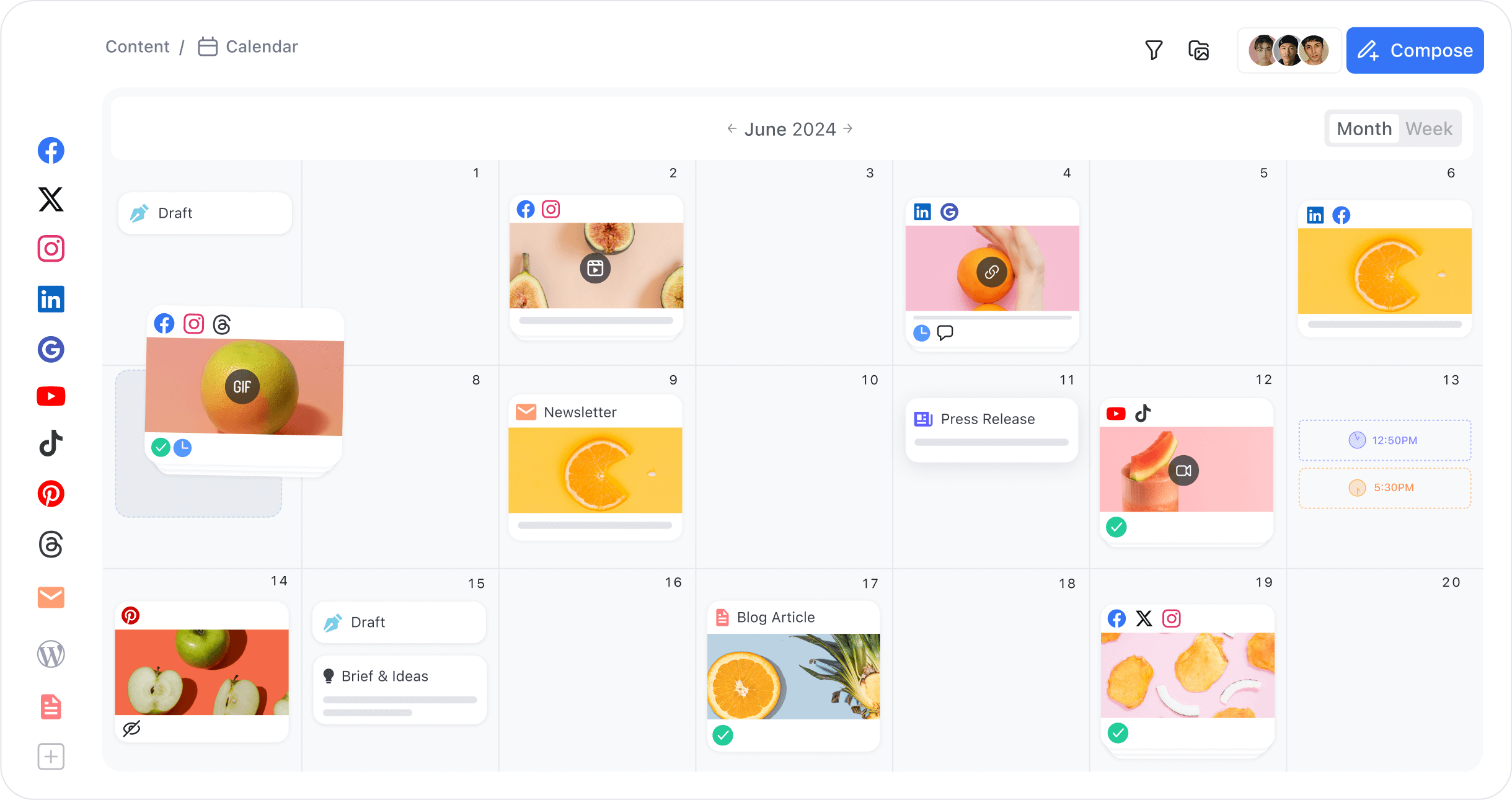  Planable content calendar view for June 2024 with scheduled posts across multiple platforms.
