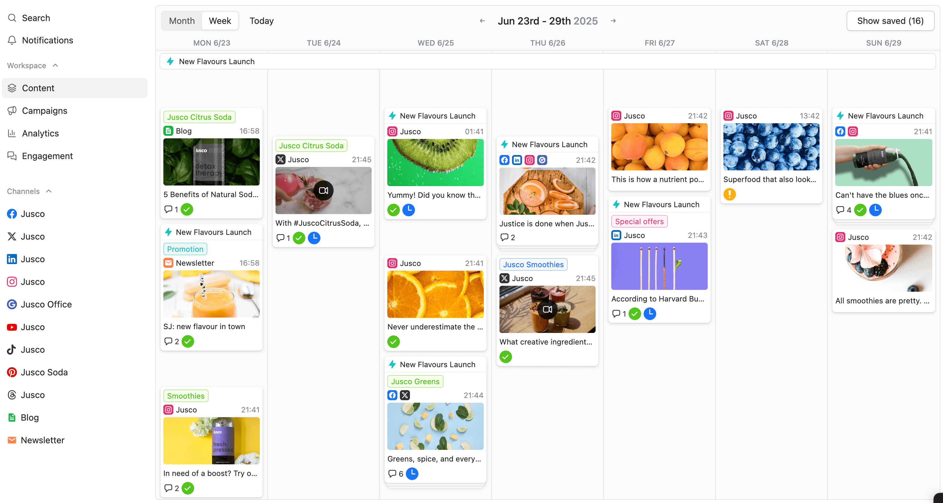 Visual content calendar featuring scheduled posts with images and a “Spring Campaign” label.
