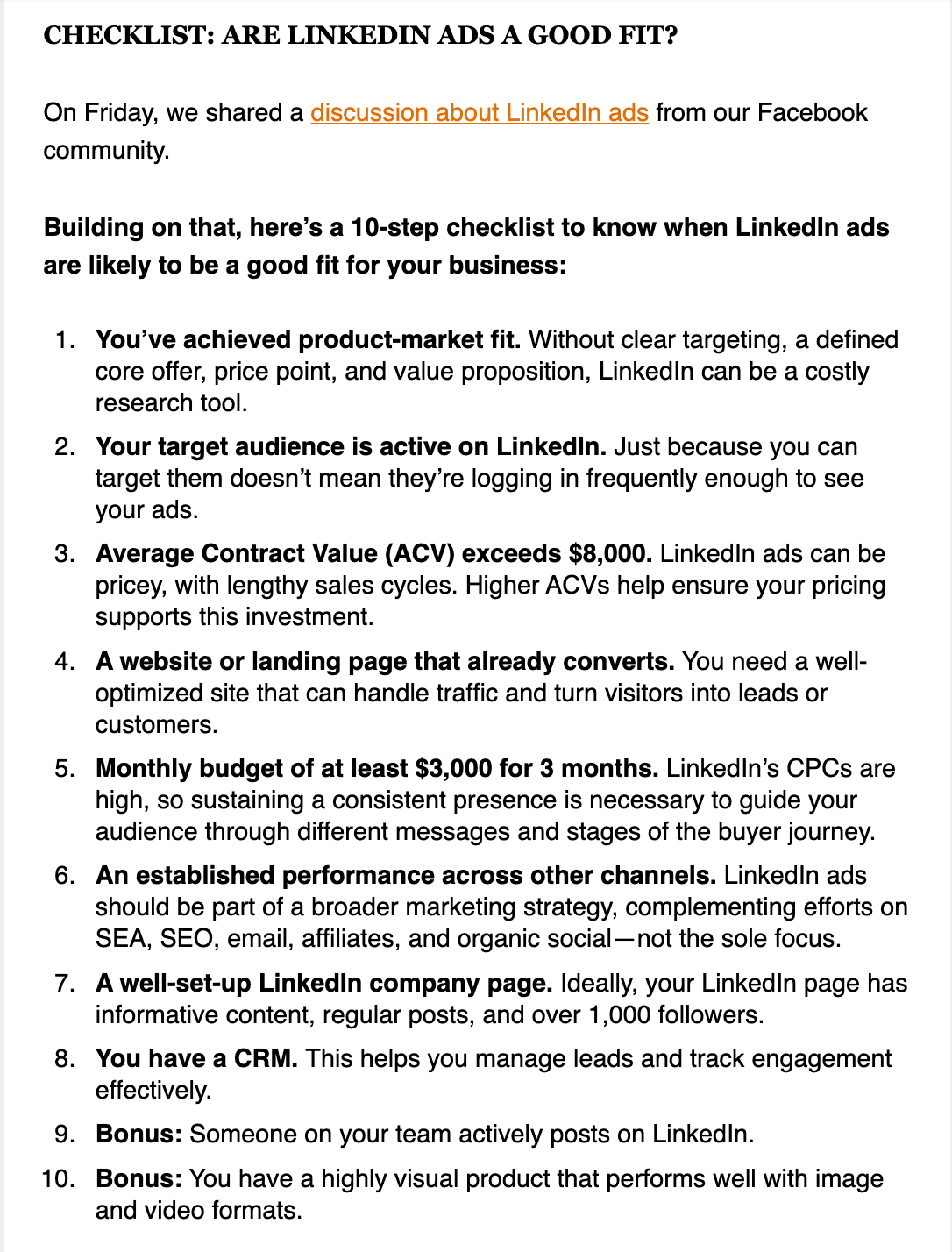 Daily Carnage social media newsletter outlines a 10-step checklist for evaluating LinkedIn ads.