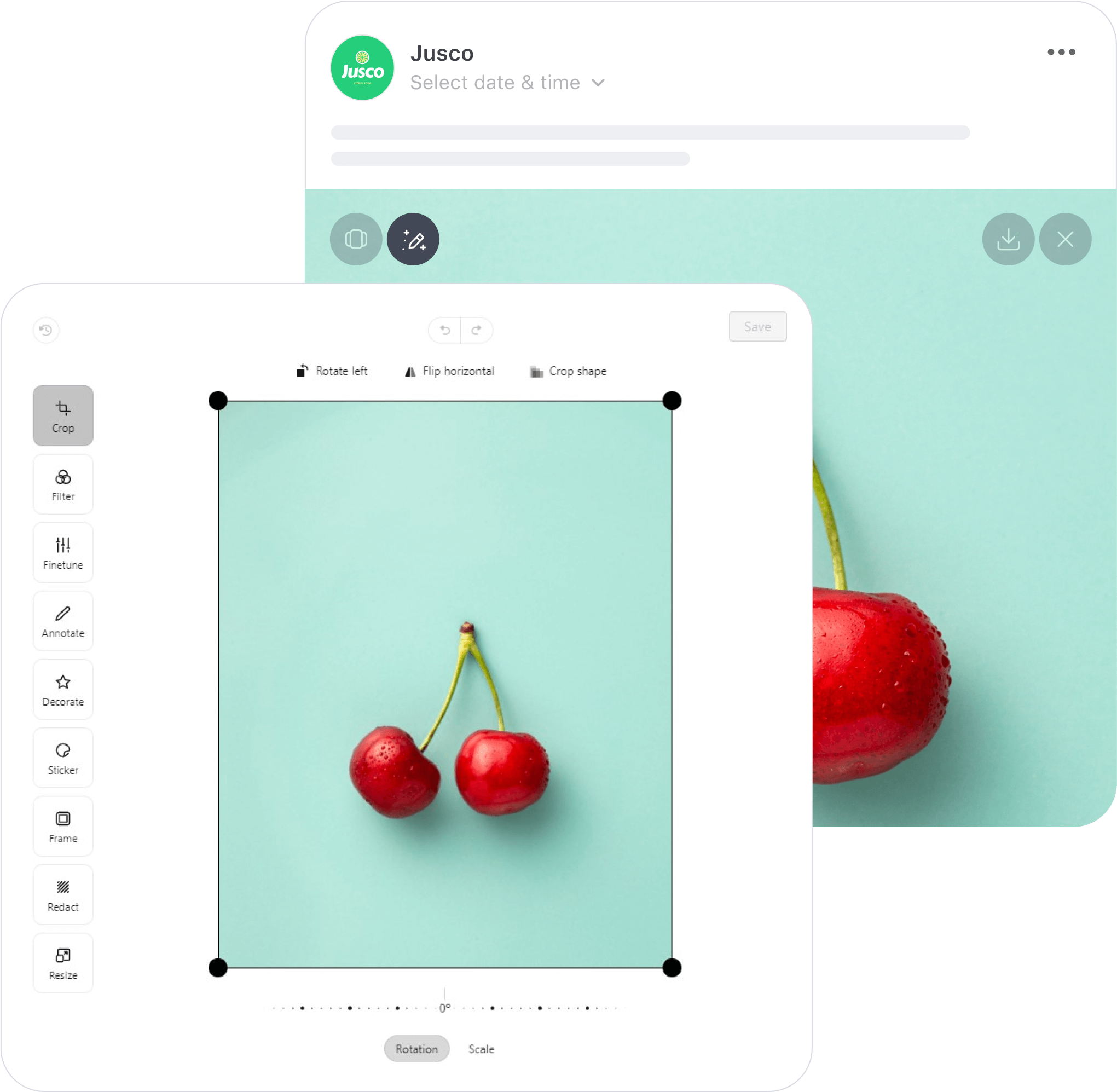 Image editor in Planable showing cropping tools and two cherries on a blue background.