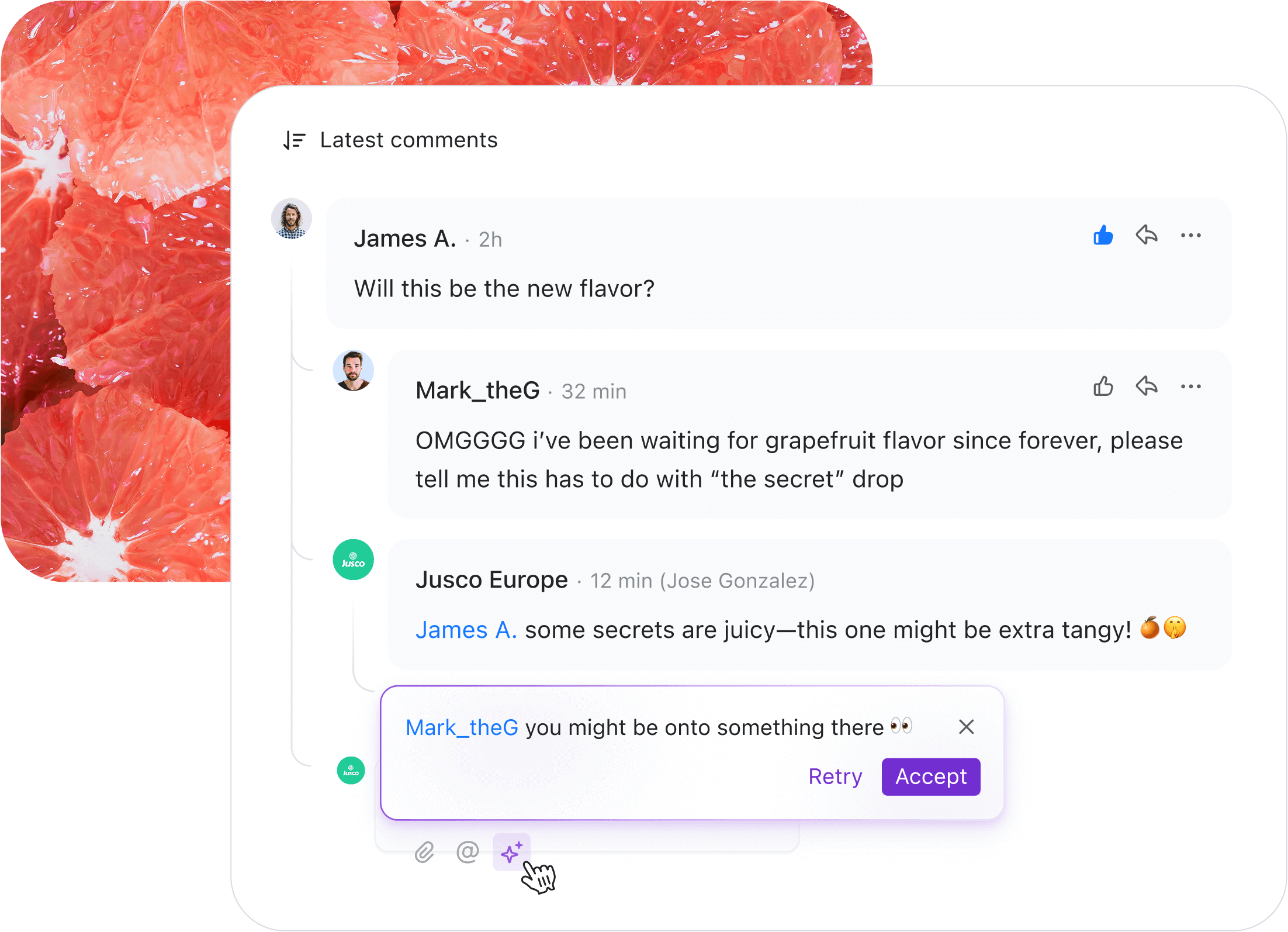 Grapefruit-themed background with social comments thread discussing potential new flavor in Planable.