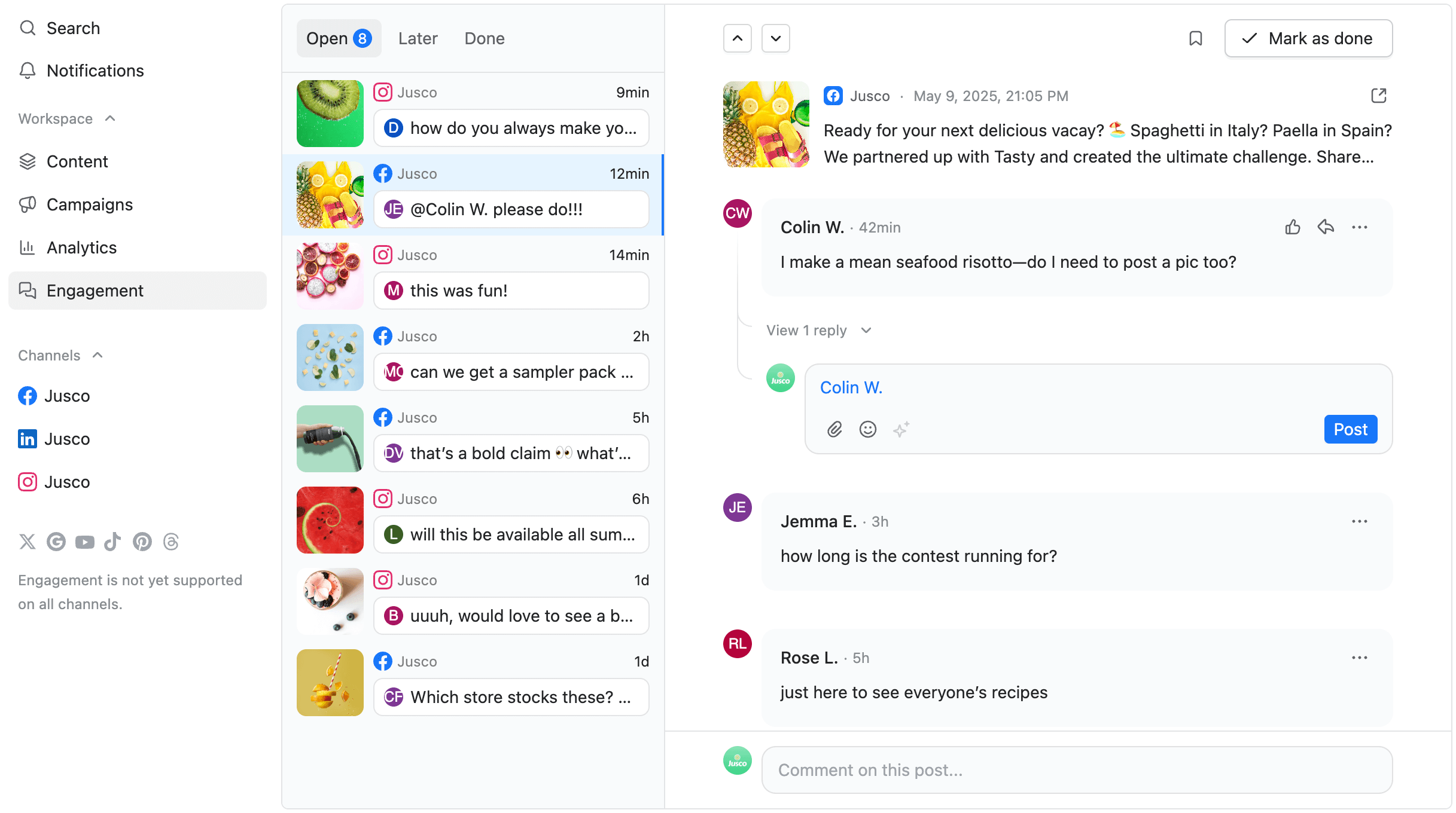 Social media comment management interface in Planable with post replies and team collaboration.
