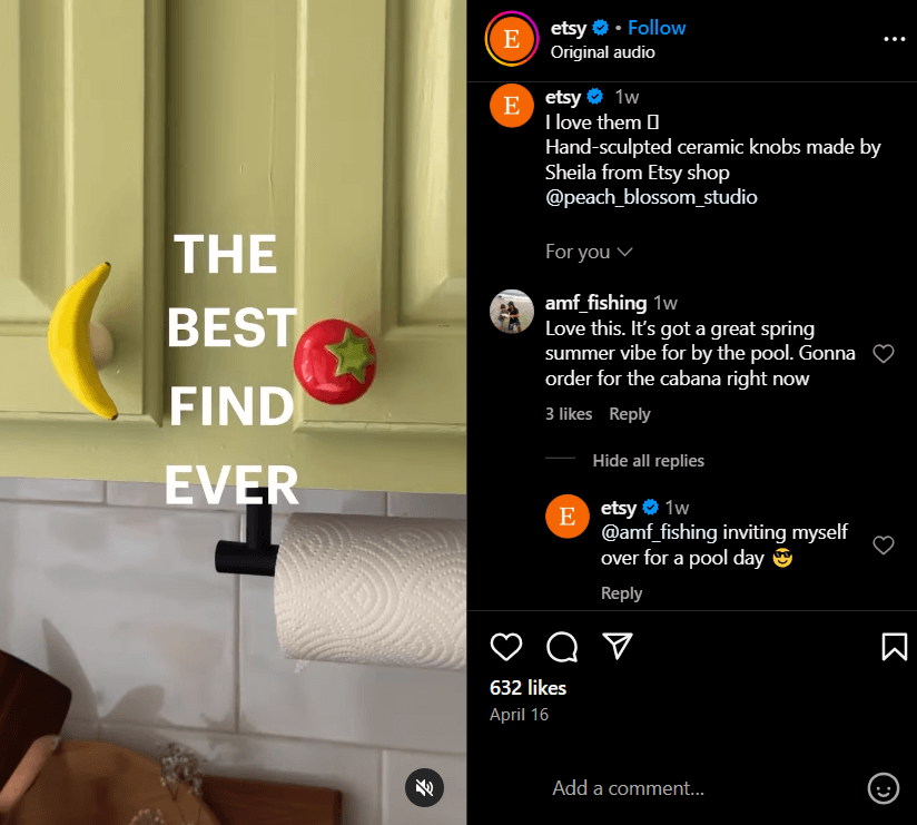 Ceramic fruit-shaped cabinet knobs featured in a fun Etsy social CRM Instagram post.