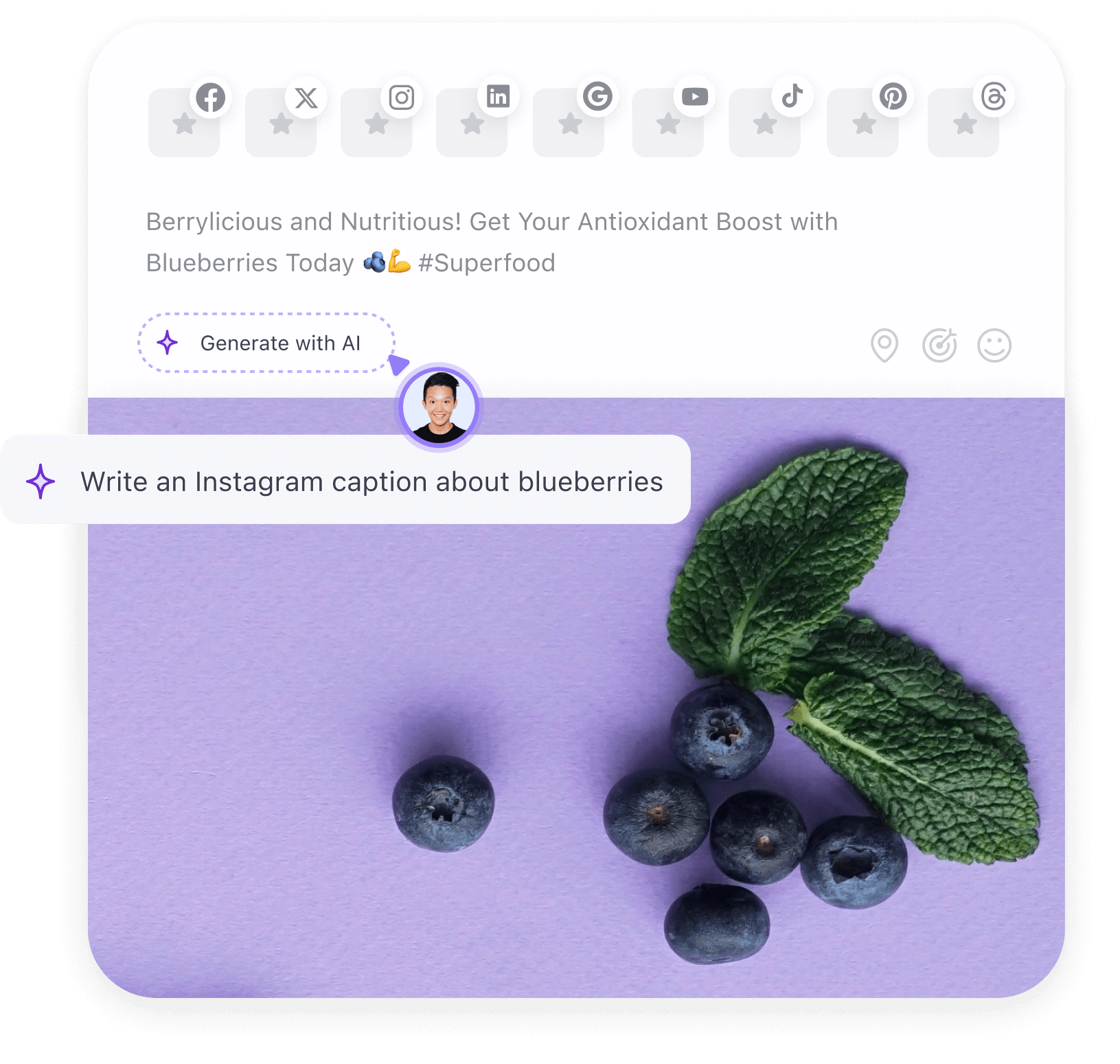 Social media post draft with blueberries image and “Generate with AI” caption prompt.