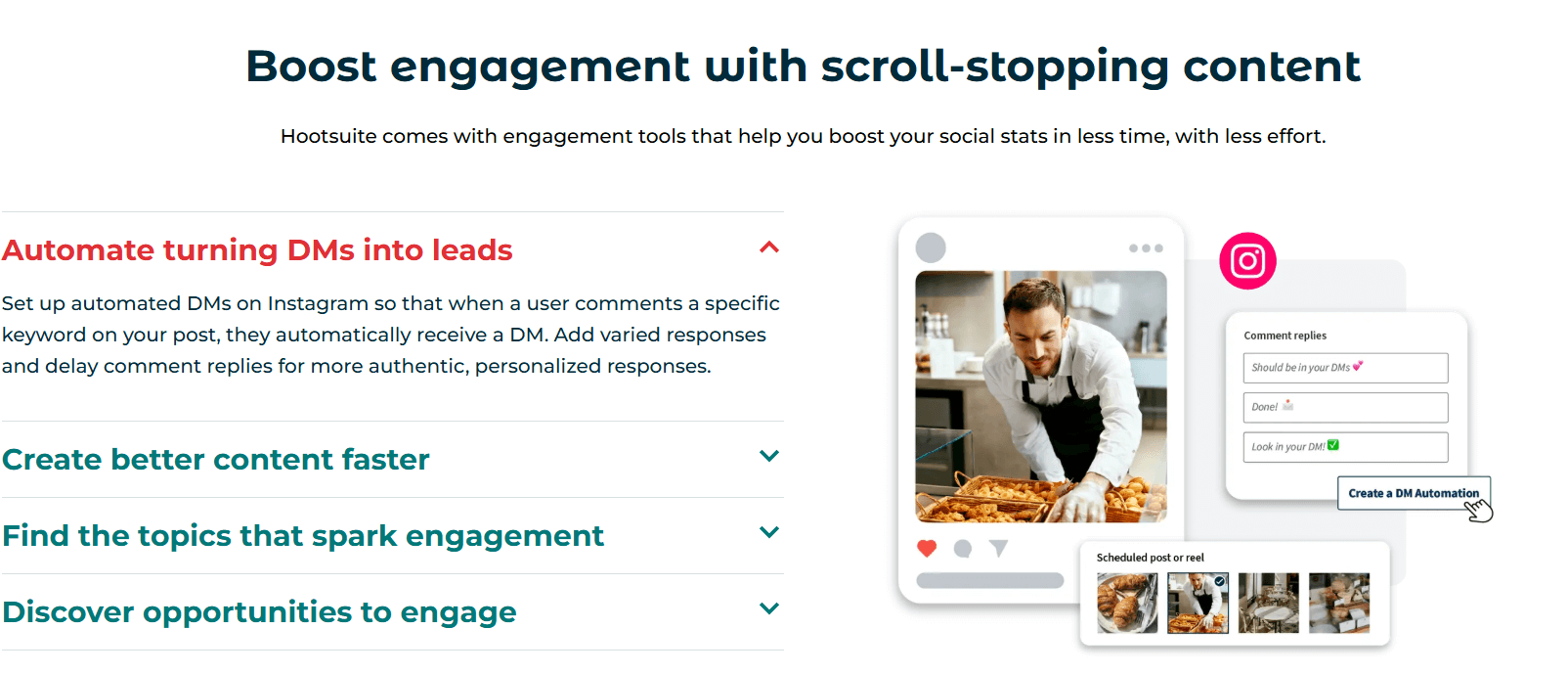 Hootsuite tool automating DMs to boost Instagram engagement through keyword triggers.
