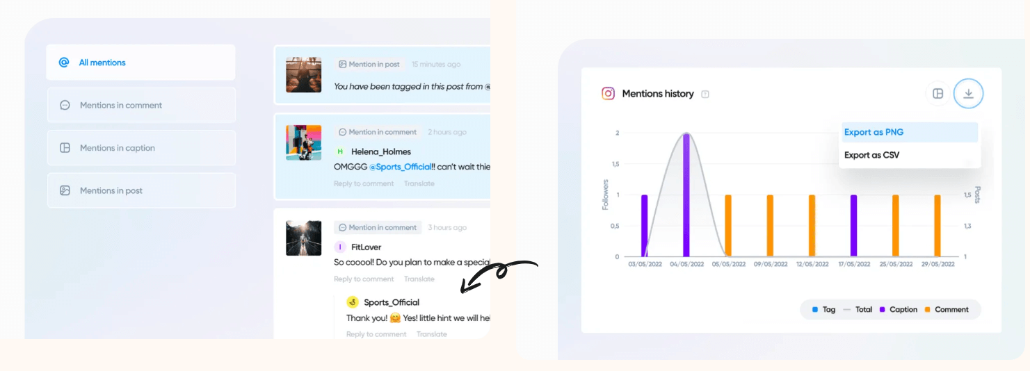 Iconosquare dashboard tracking engagement via mentions, tags, and comment analytics.