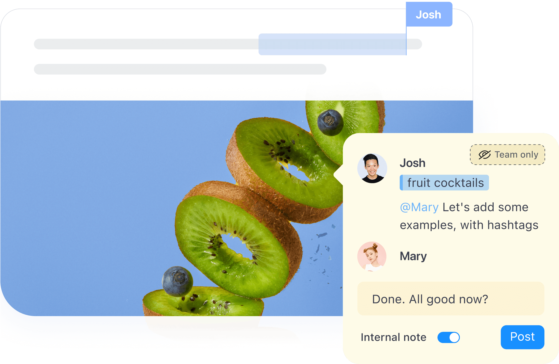 Sliced kiwi and blueberries beside an internal team comment thread discussing social post edits in Planable.