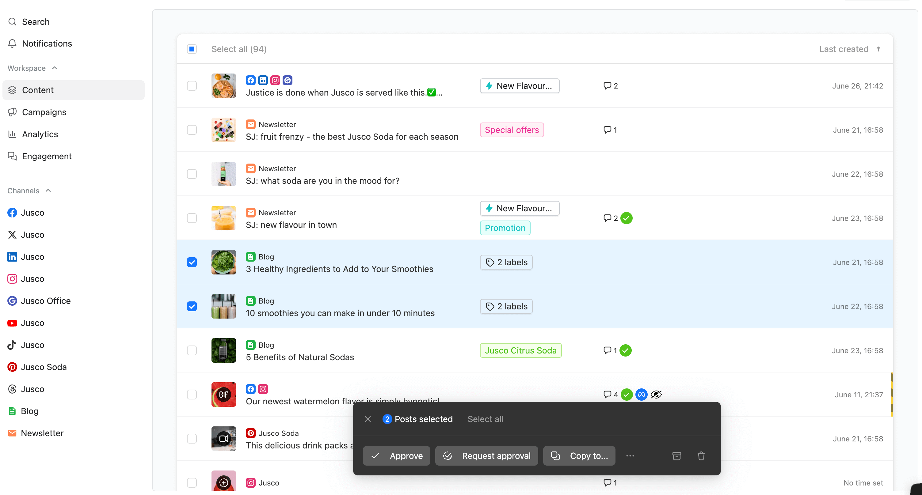 Planable list view of scheduled and drafted content with filters, labels, and bulk action options.